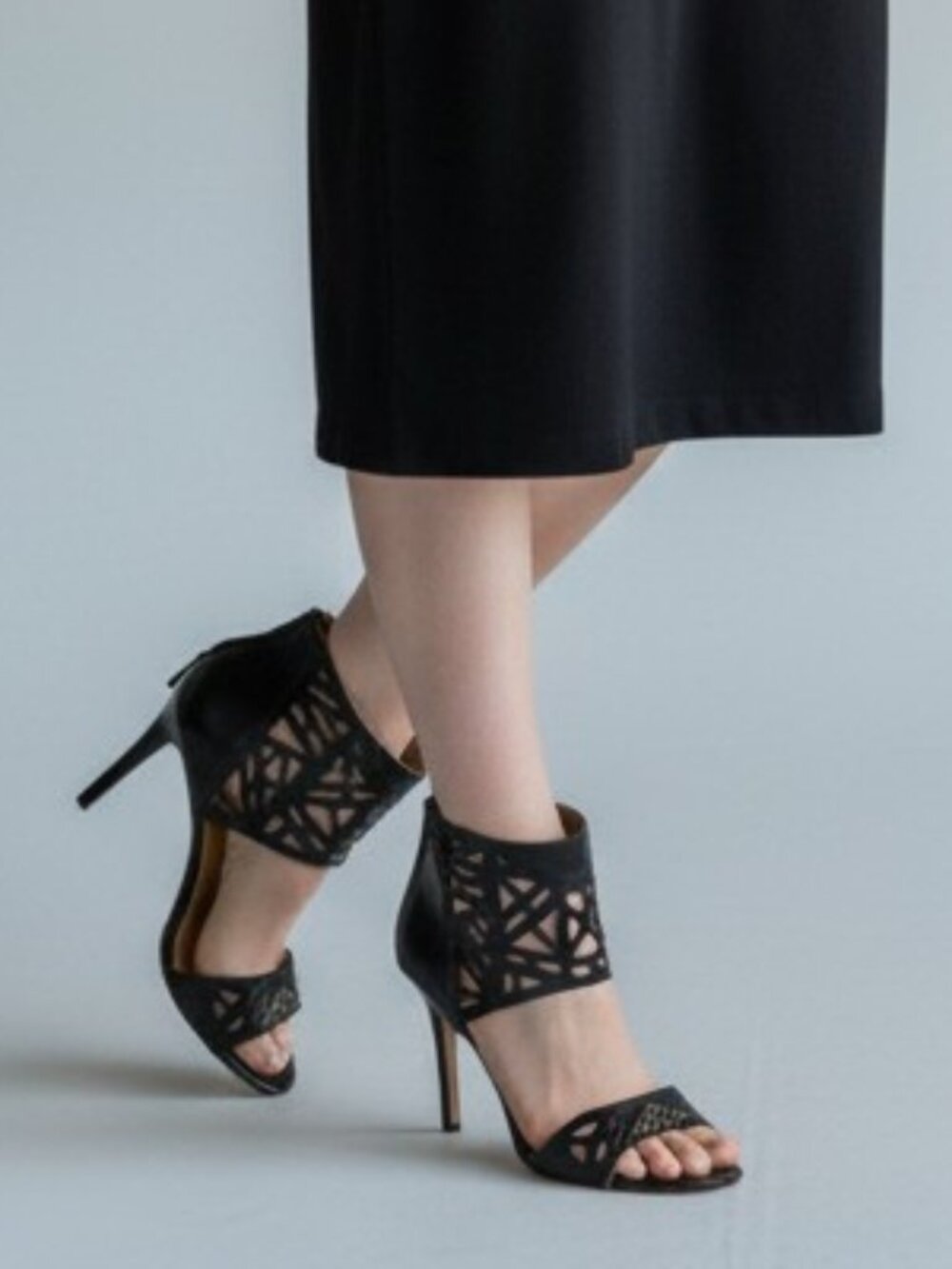NINE WEST | Black Leather Karabee Caged Ankle Heels